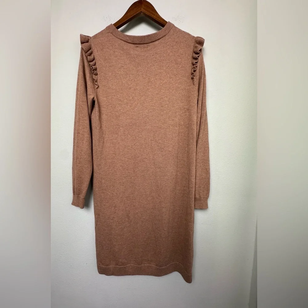 J. Crew Women’s Wool Blend Ruffle-Hem Sweater Dress in Saddle Tan Brown Size‎ L